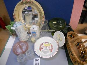 lot 161 image: Pink Depression Glass Trinket TrayRelish Dish, Stoneware Cherry Pie Plate, Green Glass Compote, Chalkware style Mirror, Homemade Teapot, Clear Glass Candle Holders, and More