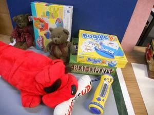 lot 162 image: Stuffies and Games including Spelling hand held game