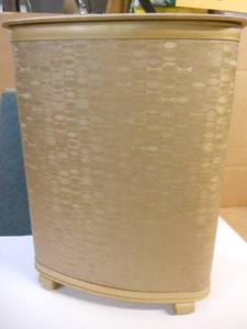 lot 24 image: Antique Hamper - Cool Retro MCM Style Shiny Finish with Block Feet and Rattan Style Backing for ventilation, Hinged Top - Very Clean