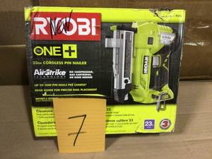 lot 7 image: Ryobi 18-Volt ONE Lithium-Ion Cordless AirStrike 23-Gauge 1-38 in. Headless Pin Nailer (Tool Only) by RYOBI open box customer returns