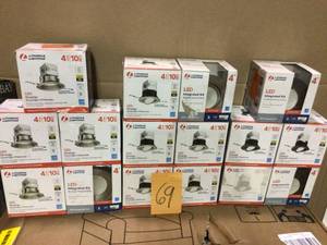 lot 69 image: BIG LOT OF Lithonia OneUp 4 in. Brushed Nickel Recessed Integrated LED Kit by Lithonia Lighting in good  condition