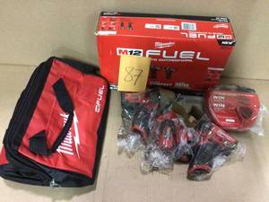 lot 87 image: M12 FUEL 12-Volt Lithium-Ion Brushless Cordless Hammer Drill and Impact Driver Combo Kit with 2 Batteries & Bag (2-Tool) by Milwaukee in good  condition