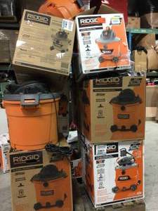 Pallet with assorted Ridgid Shop Vacs various models and conditions review pictures