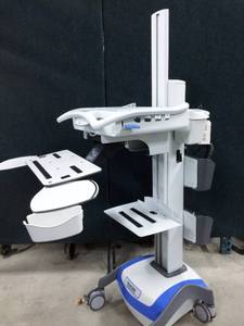 lot 36 image: WOW MSRP $4500 Capsa Powered Industrial Medical Grade Mobile Laptop Stand UpSit&nbspComputer Workstation Height Adjustable Platform Medical COW Cart Unlocked No Keys - Electronics Not Included - Comes with printer tray & Back Storage Bins  More