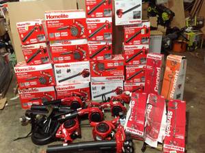Pallet with  HOMELITE GAS BLOWERS AND TRIMMERS ALL CUSTOMER RETURNS SEE PICS