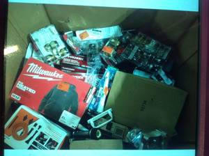 Gaylord with assorted TOOLS, Door Hardware, and Misc items  CUSTOMER RETURNS SEE PICS