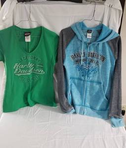 Harley Davidson brand clothing - 1 sz large hooded sweatshirt, 1 sz medium new t-shirt, and 2 sz large like new t-shirts