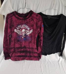 1 Affliction brand thermal long sleeve shirt sz Medium, 1 long sleeve Rock & Republic sparkle shirt sz small, 2 rhinestone sleeveless tops sm, one red & white rhinestone snap belt sz Small