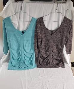 2 Maurices brand v-neck sweaters sz medium, 1 Maurices brand scoop neck peach sweater sz small, 1 Jennifer Lopez brand key hole gray sweater sz X-Small