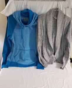 Gray cardigan sz small, Blue cowl neck hooded sweatshirt sz medium, mint colored vest sz medium, mint colored 34 sleeve top with blue stars sz medium