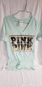 Victorias Secret PINK brand clothing - 2 black shirts sz small, 1 aqau shirt size medim, 2 leggings sz medium and 1 pair (brand new, never worn) leather like shorts sz large