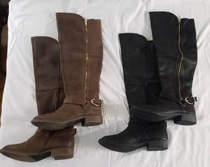 1 pair new sz 7.5 tall black boots with gold hardware & 1 pair sz 7.5 lightly used tall brown boots with gold hardware