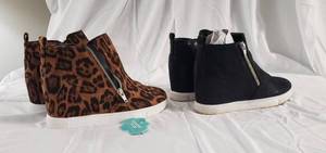 1 pair new girls sz 5 leopard wedge shoes & 1 pair girls sz 5 black wedge shoes (approximately same sz as womens 7 )
