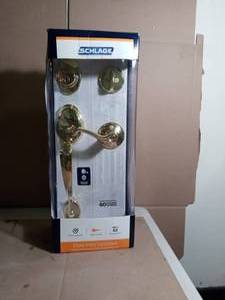 Plymouth Bright Brass Single Cylinder Deadbolt with Flair Knob Door Handleset by Schlage- open box not used