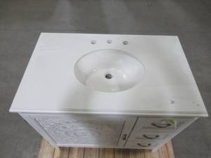 lot 302 image: Home Decorators Collection Chennai 37 in. W Single Vanity in White Wash with Engineered Stone Vanity Top in Crystal White with White Sink CIWWVT3722D