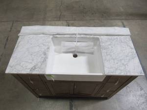 lot 327 image: Ari Kitchen And Bath Sally 42 in. Single Bath Vanity in Ash Brown with Marble Vanity Top in Carrara White with Farmhouse Basin AKB-SALLY-42-ASHBR