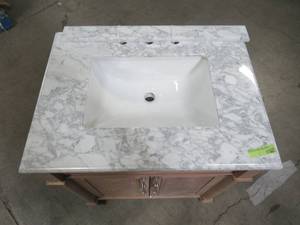 lot 331 image: Home Decorators Collection Aberdeen 30 in. x 22 in. D Bath Vanity in Antique Oak with Carrara Marble Vanity Top in White with White Basin Aberdeen 30AO
