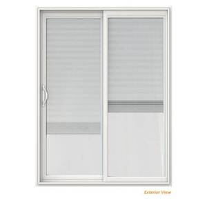 lot 107 image: Jeld-wen 60 in. x 80 in. V-2500 White Vinyl Left-Hand Full Lite Sliding Patio Door wWhite Interior & Blinds, JW1815-00227 - Frame slightly warped.
