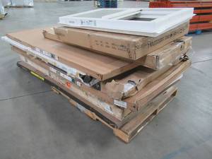 lot 108 image: WHOLESALE MIXED PALLET OF MISCELLANEOUS DOORS, FURNITURE, BUILDING MATERIALS AND MORE