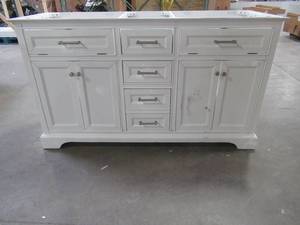 lot 116 image: Home Decorators Collection Windlowe 60 in. W x 22 in. D x 35 in. H Bath Vanity Cabinet in White, 15101-VS61C-WT. - Slight Scratches, Broken Backboard, Some Chips in Back. Needs Some TLC.