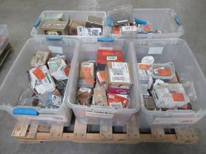 lot 225 image: WHOLESALE MIXED PALLET OF MISCELLANEOUS FASTENERS (Pallet can include, nails, screws, bolts, anchors, toggles and more)