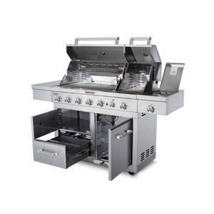 lot 17 image: Kitchenaid 6-Burner Dual Chamber Propane Gas Grill in Stainless Steel with Side Burner, 720-0826E - Slight Dents, Missing Drawer Handle, Drawer Dented off Glides, 1 Burner Knob, Spit. Broken Back Wheel.