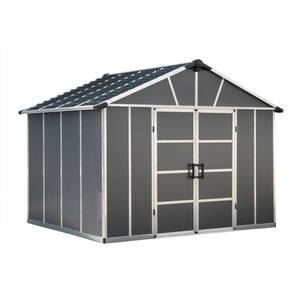 lot 128 image: Palram Yukon 11 ft. W x 9 ft. D x 8.3 ft. H Dark Gray Storage Shed, 705073, Includes Reinforcement Kit and (2) Shed 4 Extension Kits. - Missing 1 Main Box.