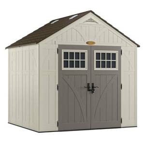 lot 403 image: Suncast Tremont 7 ft. 1-34 in. x 8 ft. 4-12 in. Resin Storage Shed, BMS8700 - OPEN BOX - PIECES MAY BE MISSING OR DAMAGED.