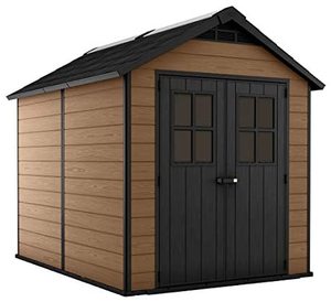 lot 407 image: Keter Newton 7.5x9 Large Resin Outdoor Storage Shed Kit  Perfect to Store Patio Furniture, Garden Tools, Bike Accessories, and Lawn Mower, Mahogany Brown - OPEN BOX - MAY BE MISSING OR HAVE DAMAGED PIECES.