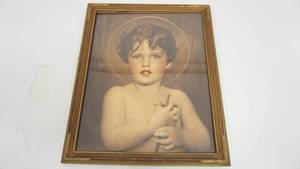 lot 27 image: Framed Picture of Child with Halo Holding Cross Over Heart