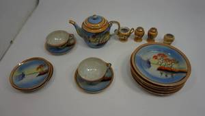 lot 37 image: Vintage Collectible Japanese Nippon Dishes with Hand Painted Windmill & Tree Design