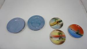 lot 38 image: 7 Collectible Meito China Hand Painted Blue Saucers  3 Made in Japan Hand Painted Tea Cup Saucers with Designs