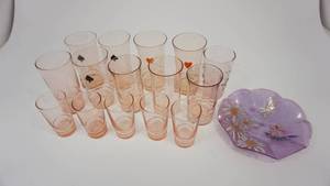 lot 51 image: Vintage Blush Pink Depression Glass Tumblers  Plastic Flowered Dish