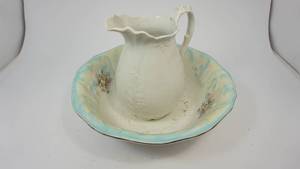 lot 87 image: Antique Myott Son & Co. Wash Basin with Flowers  White Pitcher
