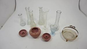 lot 95 image: 7 Vintage Glass Vases  Rosemeade Pottery  Candy Dish