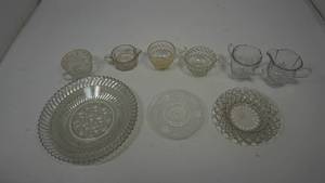 lot 96 image: Vintage Glass Etched Cup  Saucers  Plate  Creamer & Sugar Bowls