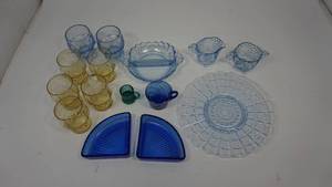 lot 97 image: Vintage Blue Tinted Scalloped Rim Cream & Sugar  Glassware  Blue Glass Triangle Pie Dishes