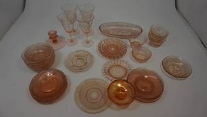 lot 98 image: Vintage Flower Etched Blush Pink Wine Glasses  Saucers  Desert Bowls  Candle Holder