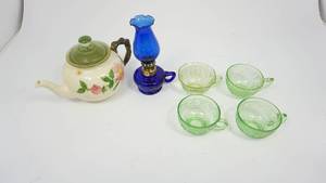 lot 99 image: Vintage Franciscan Stoneware Desert Rose Teapot with Lid  Cobalt Blue Hurricane Lamp  4 Etched Green Tea Cups