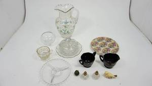lot 102 image: Antique Hand Blown Glass Pitcher  Black Cream & Sugar Cups  Floral Plate