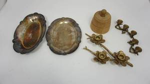 lot 103 image: Vintage Oval Scalloped Silver Plated Trays  Wood Butter Press wFlower Stamp  2  Brass Branch Taper Candle Holders