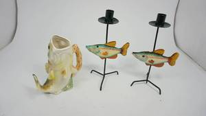 lot 110 image: Vintage Tall Ceramic Fish Shaped Vase or Beer Mug  2 Wrought Iron Candle Holders with Fish