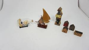 lot 113 image: Mini Wood Sail Raft  Ship in Bottle  Wood Bait Shop  Wood Sail Boat  4 Wood Block Houses