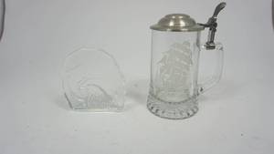 lot 119 image: Vintage Clear Glass Beer Stein Sail Boat Motif Ariel 1866  Vintage Clear Glass Embossed Dolphin Paper Weight