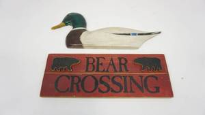 lot 122 image: Vintage Hand Painted Wood Duck Wall Decor  Hand Painted Wood Bear Crossing Sign