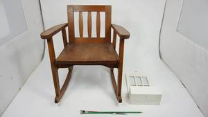 lot 123 image: Vintage Childrens Wood Rocking Chair  White Wall Hanging Wood Mirror with Flower Box  Knitting Needles