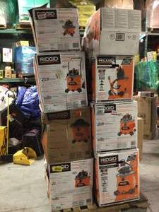Pallet with assorted Ridgid Shop Vacs open boxes customer returns various models and conditions see pictures