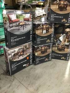 Pallet of 9 cases of outdoor firepit and chat tables CUSTOMER RETURNS SEE PICTURES