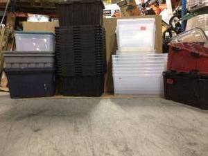 Pallet with assorted Plastic Storage bins missing covers see pictures
