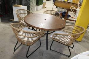 Wood Grain Top Metal Patio Umbrella Table 48D, Wicker Back Arm Metal Chairs (x4)